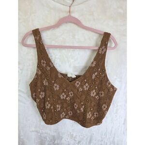 Joyfolie Floral Lace Studded Crop Top XXL Gingerbread Brown Boho Western Smocked